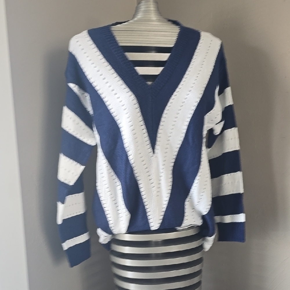 Blue and White Striped Women's Sweater
